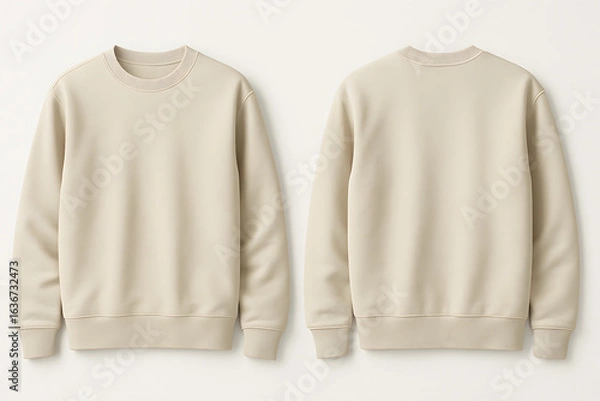 Obraz Beige Crewneck Sweatshirt Mockup – Front and Back View on White Background for Apparel Branding