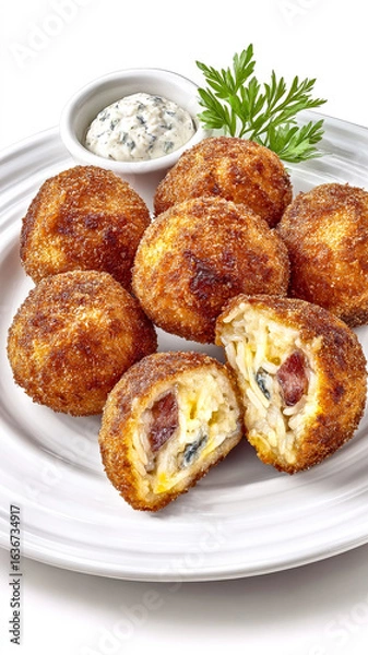 Obraz An artistic food drawing of seven Arancini fried rice balls with bacon and melted cheese.