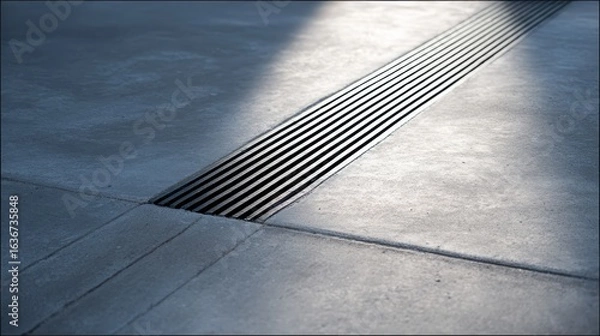 Fototapeta Linear Drainage System on Concrete Surface with Sunlight Reflection