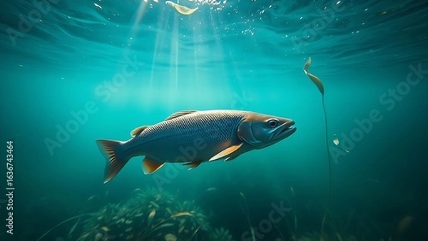Fototapeta Underwater scene of trout swimming in a clear river, bathed in natural sunlight filtering through water.