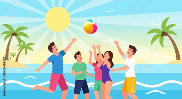 Obraz Joyful family playing beach ball together on a sunny summer day vacation with palm trees and ocean backdrop
