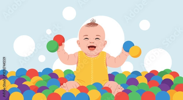 Fototapeta Joyful Infant Splashing In A Colorful Ball Pit With Glee Expression
