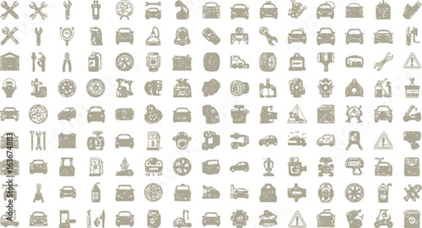 Fototapeta Car service, auto shop and garage with car motor oil components isolated icons set on white background