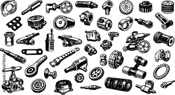 Fototapeta Car service, auto shop and garage with car motor oil components isolated icons set on white background