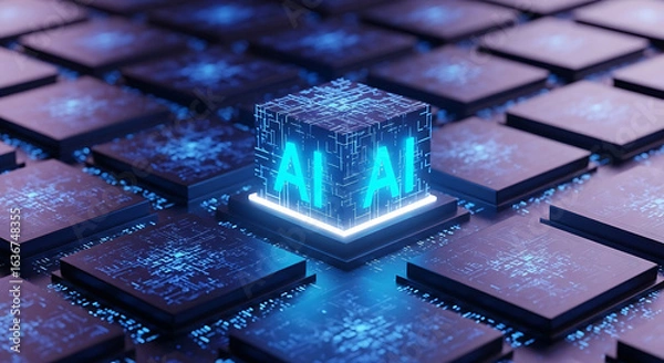 Obraz Vector art of artificial intelligence cube glowing with digital network and data processing