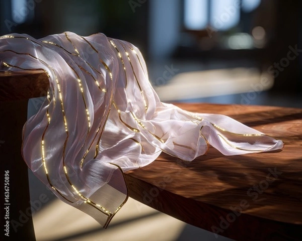 Fototapeta Elegant High-Tech Fabric with Embedded Lights Draped Over Wooden Table