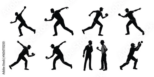 Fototapeta Collection of cricket player silhouettes in various action poses, isolated on white background
