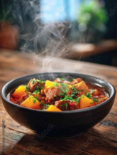Fototapeta Steaming Hearty Winter Stew with Vegetables in Rustic Bowl on Wooden Table
