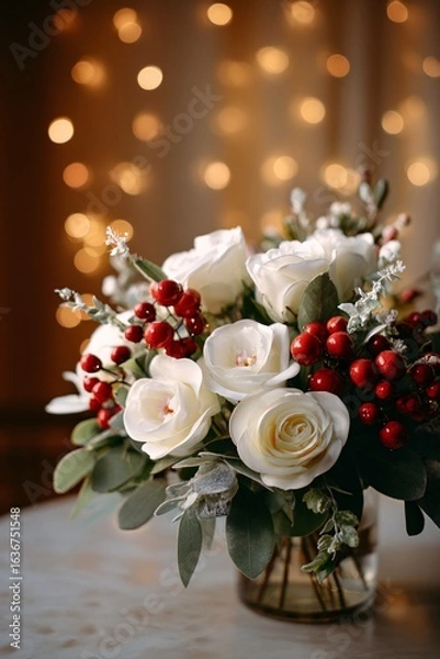 Fototapeta Winter Floral Arrangement with White Roses and Red Berries in Soft Light