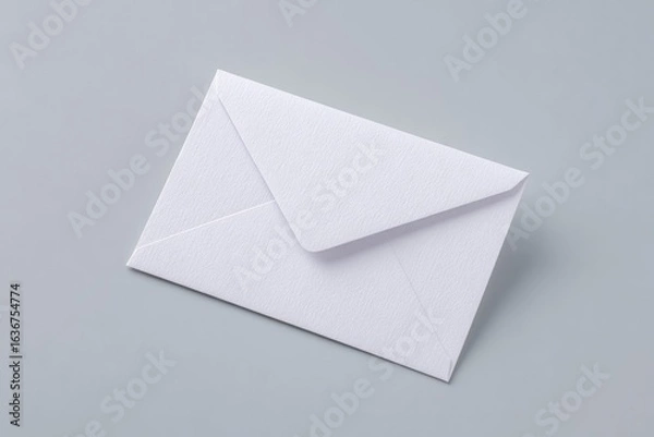 Fototapeta Simple white envelope lying flat on smooth gray surface, minimal