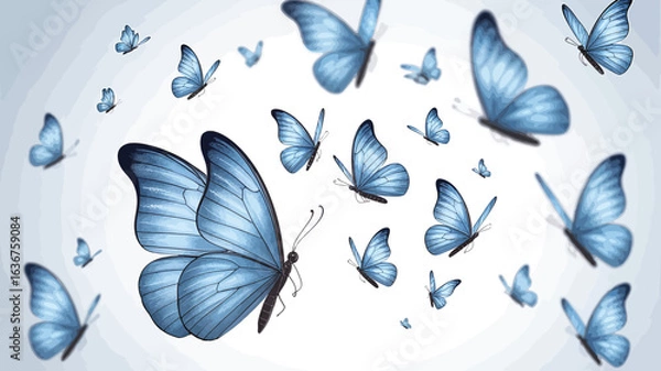 Fototapeta A swarm of blue butterflies fluttering against a light blue and white background butterfly insect