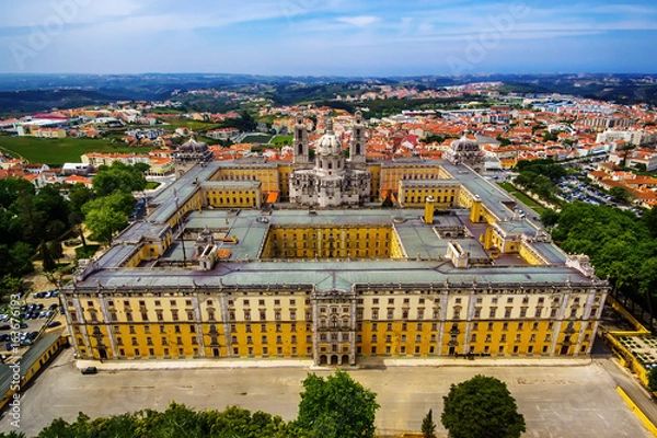 Fototapeta Portugal:  aerial top view of the Royal Convent and Palace of Mafra, baroque and neoclassical palace – monastery next to Lisbon
