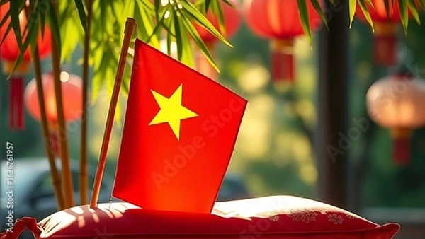 Obraz Vietnam National Day flag on silk cushion with bamboo leaves and lanterns