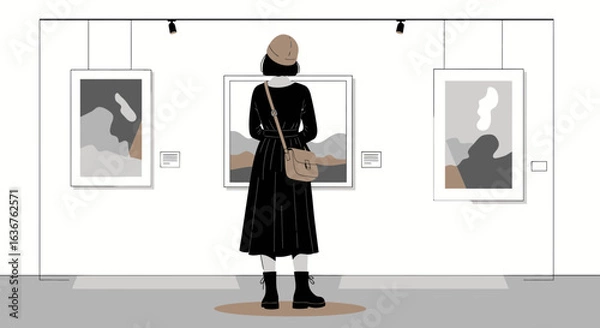 Fototapeta Woman Observing Modern Art Exhibitions Appreciating Minimalist Artwork At Museum Gallery