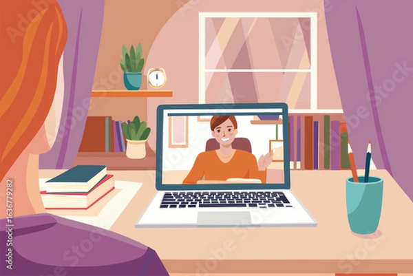 Fototapeta Uczennica na lekcji online, ucząca się zdalnie z domu przez laptopa. Koncepcja e-learningu, wideokonferencji i edukacji cyfrowej.