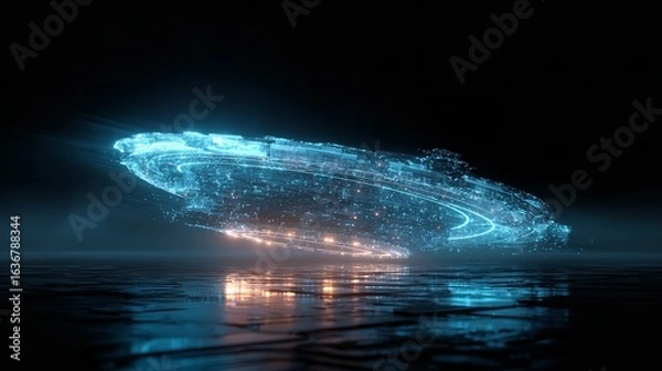 Obraz UFO, unidentified flying object, or aliens modern spaceship with light beam flying on dark cloudy sky over someplace in the earth. Generative AI.