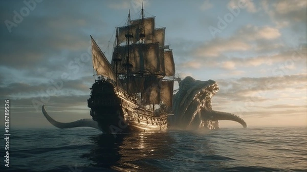 Obraz Foggy Coastal Scene With Rusty Shipwreck Reflection