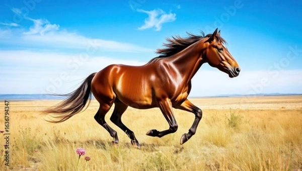 Fototapeta A chestnut horse galloping through a field of golden grass under a bright blue sky with wispy clouds