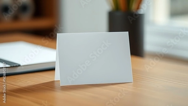 Fototapeta A blank notecard placed on a wooden desk with soft diffused lighting and shallow focus.