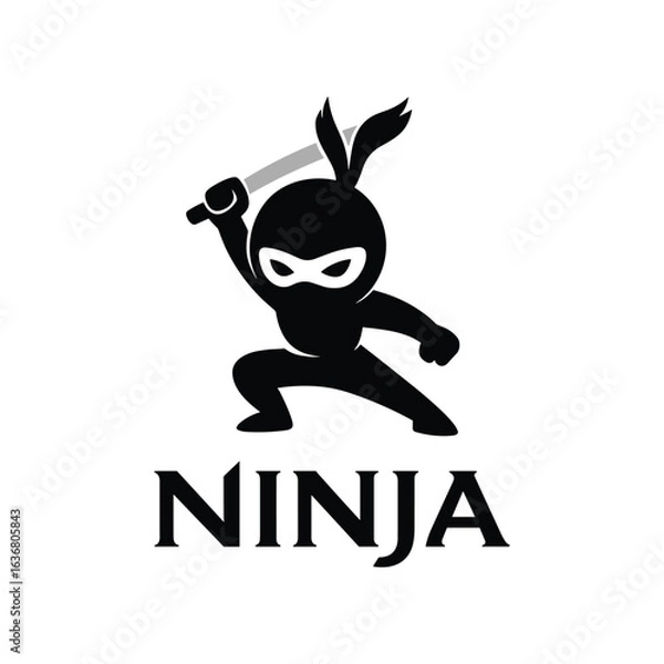 Fototapeta Dynamic ninja mascot logo with raised sword and bold lettering