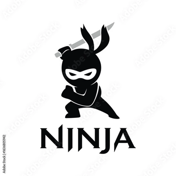 Fototapeta Cute ninja character logo with sword and bold typography