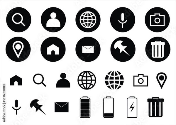 Fototapeta Minimal UI Icons Collection – Modern Web and App Interface Vector Symbols in Black and White