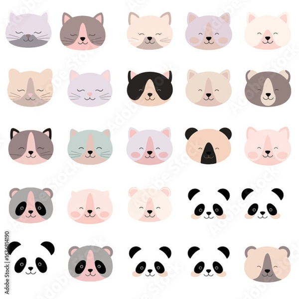 Fototapeta A funny set of cartoon animal faces, including a dog, cat, pig, rabbit, panda, and lion vector illustration