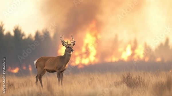 Fototapeta Deer on a background of burning forest