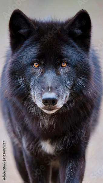 Fototapeta A black wolf faces the camera in a symmetrical frontal portrait composition