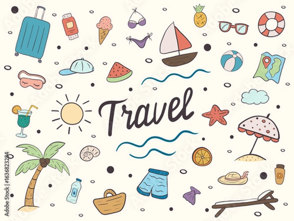 Fototapeta Set cute summer holiday beach elements. Travel lettering.  Colorful doodle vector illustration. A colorful collection of beach, travel and rest items