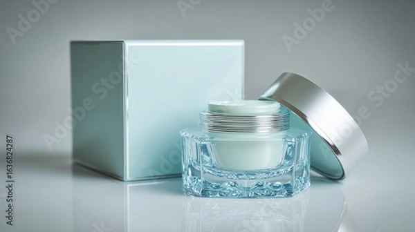 Fototapeta Floating opened cosmetic jar with box