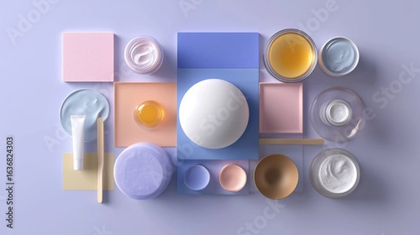 Fototapeta Flat-lay skincare set layout, generative AI aesthetic