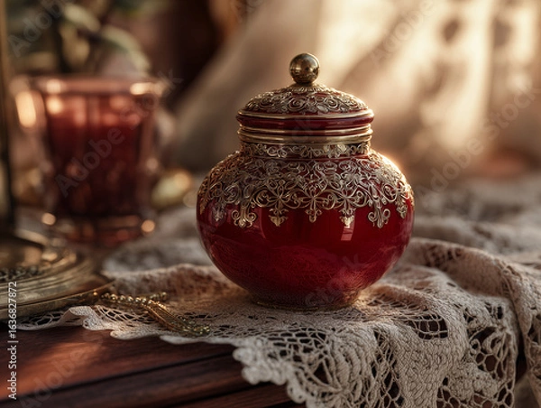 Fototapeta Ruby red cream jar with gold filigree, antique dresser, lace, nostalgic mood, Blender 3D render