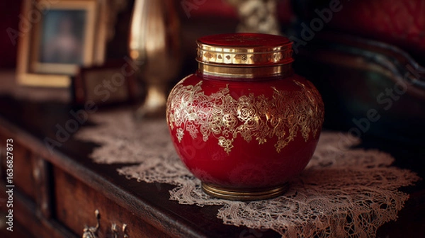 Fototapeta Ruby red cream jar with gold filigree, antique dresser, lace, nostalgic mood, Blender 3D render