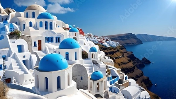 Fototapeta Santorini Cliffside Village with Blue Domes