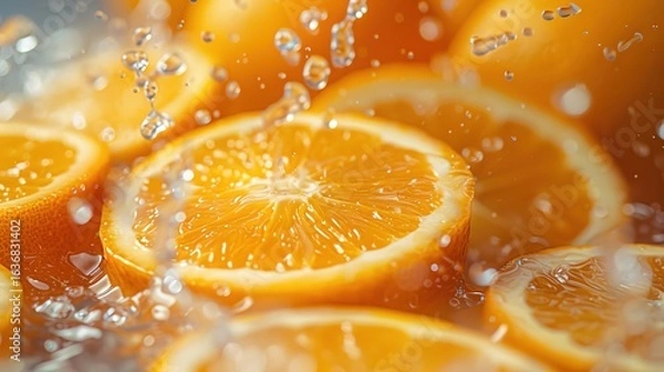 Fototapeta Zesty Dynamics: Vibrant Fresh Sliced Oranges with Splashing Juice – Juicy Segments Mid-Cut, Arcing Juice Droplets Catching Light, Bright Orange Rinds, and Glistening Pulp in High-Speed Photography for