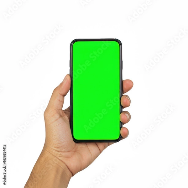 Obraz hand holding green screen phone isolated on transparent background, PNG, 