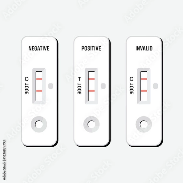 Fototapeta Three rapid diagnostic test strips showing negative positive and invalid results