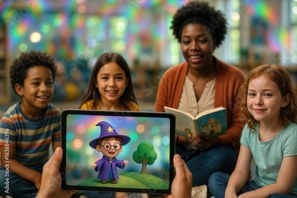 Fototapeta Children Engaged in Digital Storytime With Interactive Tablet Display Creating a Whimsical Adventure