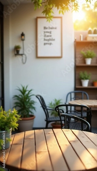 Fototapeta Outdoor Cafe Table with Plants and Sunlight in a Relaxing Atmosphere
