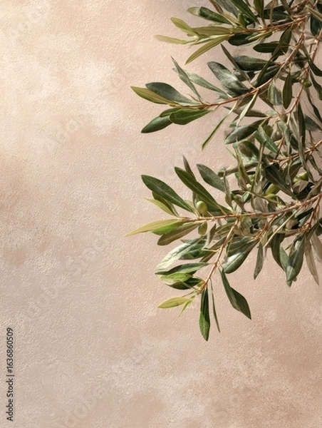 Fototapeta minimalistic nature concept with copy space elegant olive tree leaves on neutral soft pastel beige wall copy space image place for adding text or design
