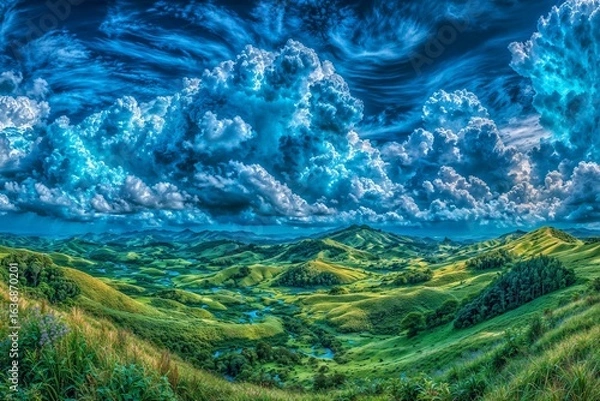 Fototapeta Summer panorama of green mountain ranges with clouds and blue sky