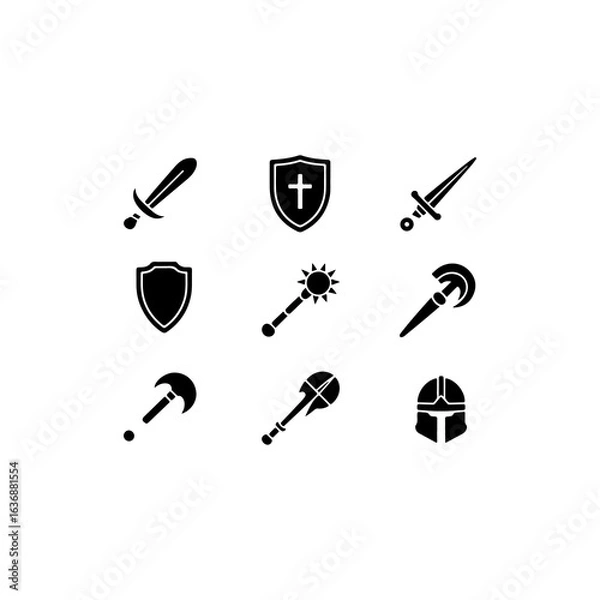 Fototapeta "A set of 8 black fill-only realistic vector icons of medieval weapons — swords, shields, maces, and helmets — historically accurate and bold."