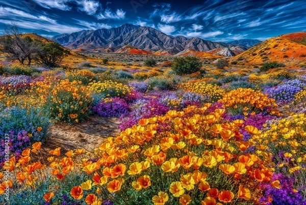 Fototapeta A colorful autumn landscape with vibrant yellow, orange, and red chrysanthemums blooming in a mountain meadow