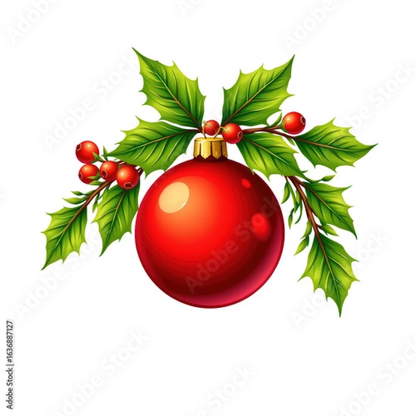 Obraz Festive Red Christmas Ornament with Holly Leaves and Berries Design