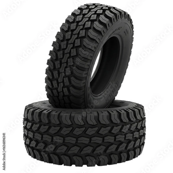 Fototapeta Stack of two offroad mud terrain tires isolated on transparent background