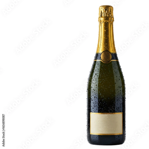 Fototapeta Elegantly shaped dark green champagne bottle with gold foil and wire cage, covered in abundant condensation, standing on a white surface with subtle reflection against a transparent background,