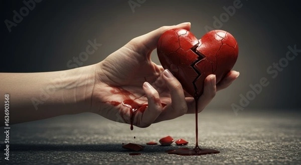 Obraz Woman's hand holds bleeding broken heart, symbolizing pain, loss, and emotional distress.