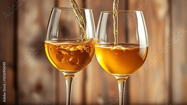 Obraz Two crystal wine glasses with golden liquid, elegantly pouring in a warm rustic setting.