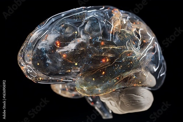 Fototapeta A transparent brain model with illuminated neural pathways, representing the complexity of human thought and cognitive function